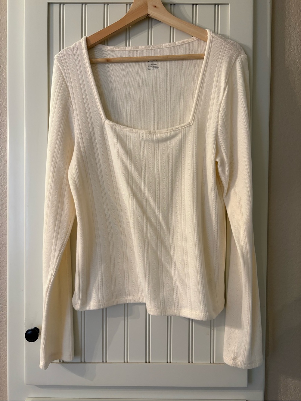 American Eagle Outfitters Cream Ribbed Square Neck Long Sleeve Top